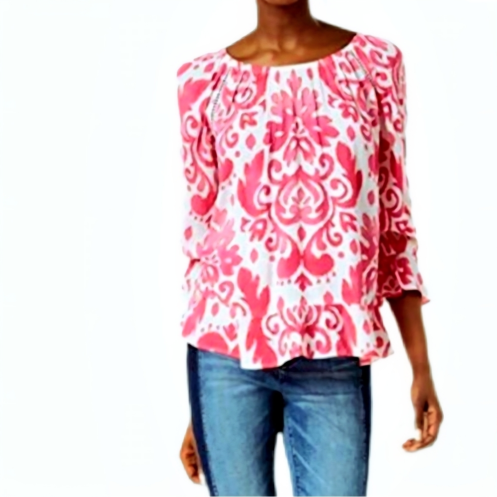 Breezy INC Blouson-Sleeve Garden Party Ladder Stitch Peasant Top Clear‎ Pink - Picture 6 of 7